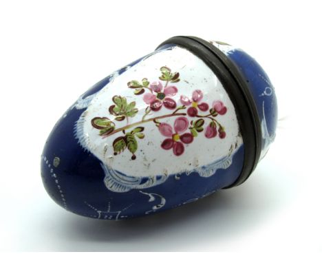A Late XVIII Century Enamel Egg Shaped Nutmeg Grater, painted with panels of summer flowers within scrolling cartouches again