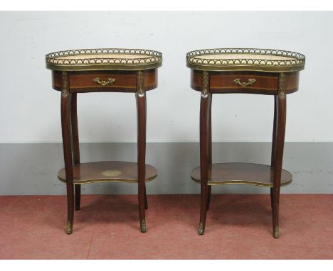 A Pair of XX Century Mahogany Kidney Shaped French Style Lamp Tables, with gilded brass gallery, marble tops over single draw