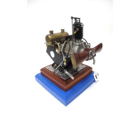 A 1:4 Scale Model of an 118cc Three Cylinder RC Aero Engine of a 1918 Anzani "Y" Type, liquid fuel powered, mounted on a wood