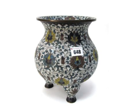 A Late XIX Century Chinese Champlevé Enamel Vase,  of bulbous form with spreading neck and raised on three short feet, decora