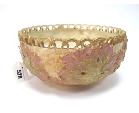 A Royal Worcester Porcelain Circular Basketweave Bowl, with pierced rim, moulded with pink, green and gilt foliage, printed m
