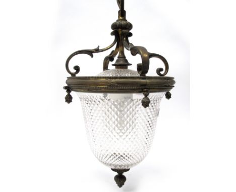 A Mid XX Century Brass Framed Pendant Light Fitting, with diamond cut 'U' shaped shade, total length 70cm.