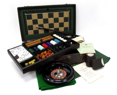 An Early XX Century F.H. Ayres Ltd, London Games Compendium, contained in a leather case, the fitte4d interior with lift-out 