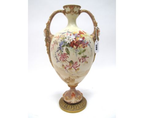 A Royal Worcester Porcelain Impressive Two Handled Vase, of two handled form, painted with summer flowers, the lower section 