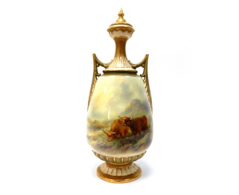A Royal Worcester Porcelain Vase and Cover, of two handled pear shape with fluted tapered neck and spreading foot, painted by