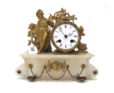 A Late XIX Century French Mantel Clock, the circular dial with Roman numerals, the movement striking on a gong, cast with a y