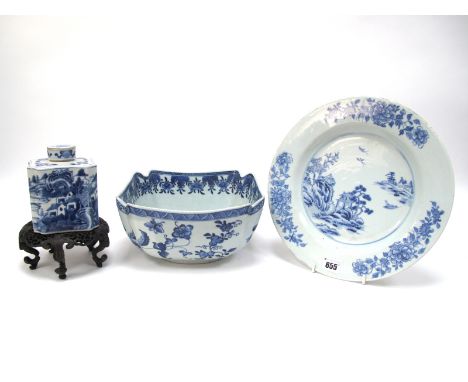 A XIX Century Chinese Porcelain Tea Caddy and Cover, of shaped rectangular form, painted in blue with a landscape scene, 13.5