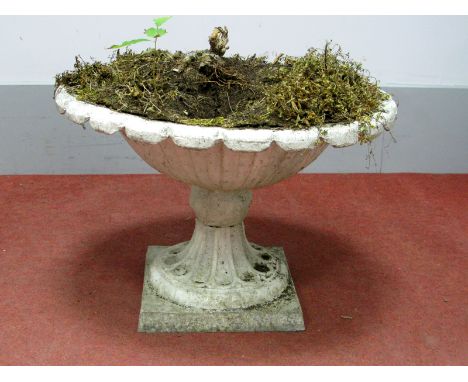 A XIX Century Style Cast Iron Garden Urn, with shaped rim, on square base, 37cm high.