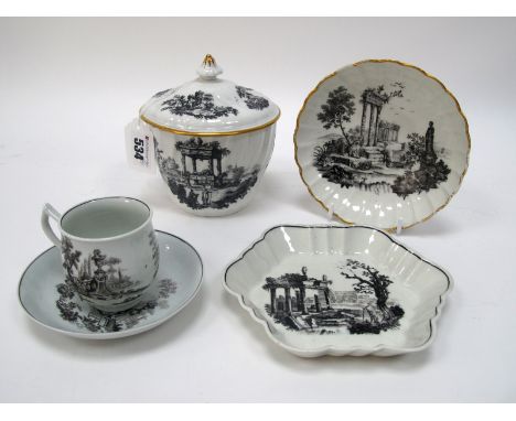 A Worcester XVIII Century Porcelain Coffee Cup and Saucer, bat printed in black with courtiers in a garden setting, the sauce