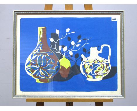AFTER GRAHAM HENDERSON Vases and Jug, against a blue ground, limited edition print 1/100, signed and dated (19)77 in pencil o
