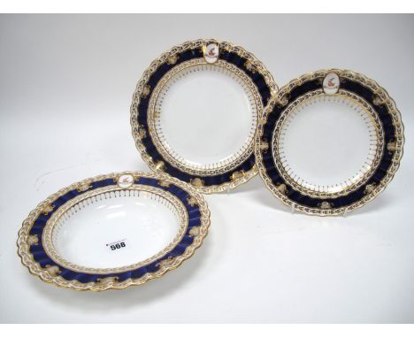 A Late XIX/Early XX Century Spode Porcelain Part Dinner Service, the fluted borders decorated in dark blue and gilt with scro