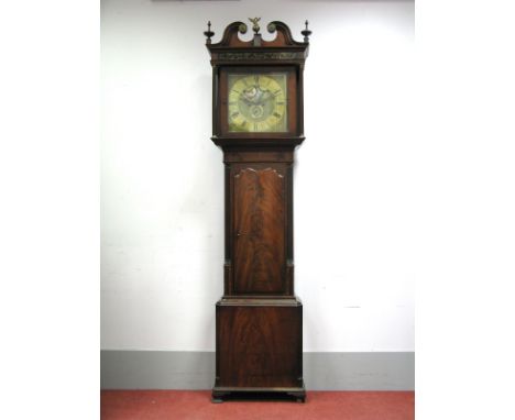 An XVIII Century Mahogany Eight Day Longcase Clock, the hood with swan neck pediment, square glazed door to brass dial with R