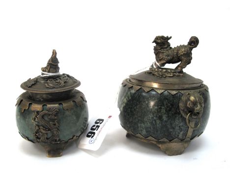 An Early XX Century Chinese Green Hardstone Koro and Cover, with white metal mounts and Dog of Fo finial, the circular body w