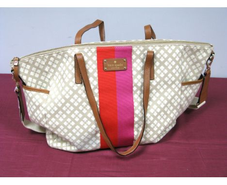 Kate Spade; A Signature Cream/Beige Print Fabric Tote, with pink and red vertical central stripes, leather trim and handles.