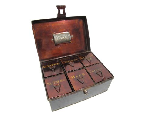 A Mid XIX Century Metal Spice Box, with brass carrying handle, the interior fitted with six lacquered containers labelled 'Al