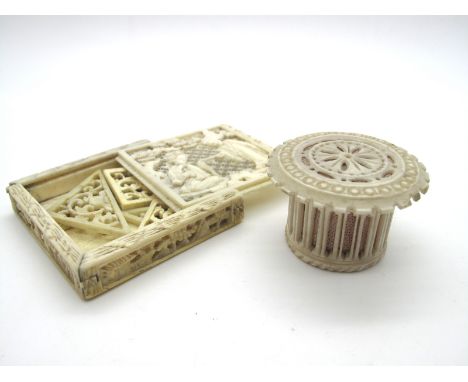 A Late XIX Century Chinese Canton Ivory Square Box, with sliding lid, containing a puzzle, carved with courtiers in a garden,