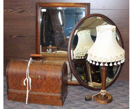TWO OAK MIRRORS, OAK LAMP AND A SINGER SEWING MACHINE