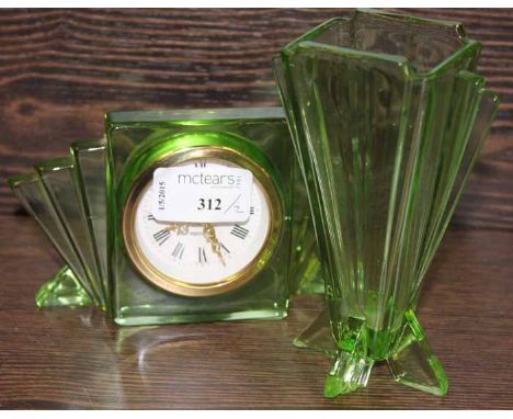 ART DECO STYLE GREEN GLASS ALARM CLOCK AND SIMILAR VASE