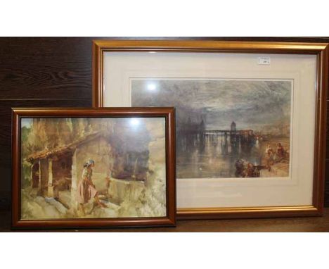 RIVER BANK SCENE
framed print, together with another print of a girl in a headscarf