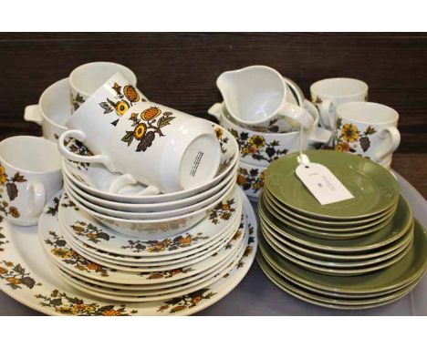 FOUR PERSON MIDWINTER DINNER SET
with 1970's stylisedf floral pattern, soup bowls, plates, ashet, tea cups, saucers etc.