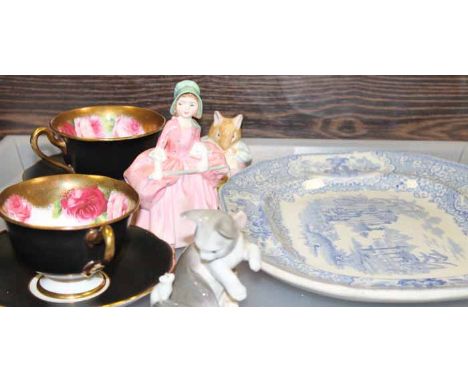 BLUE AND WHITE VICTORIAN ASHET
together with two Royal Doulton figures, Lladro figure and two Royal Albert cups and saucers