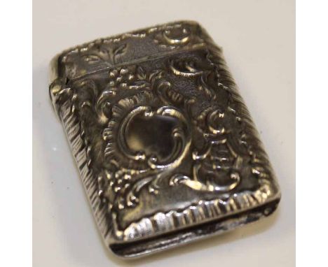 EARLY 20TH CENTURY SILVER VESTA CASE
with hunting motifs in repousse decoration, Continental marks, 15g,  4.5cm long
Viewing 