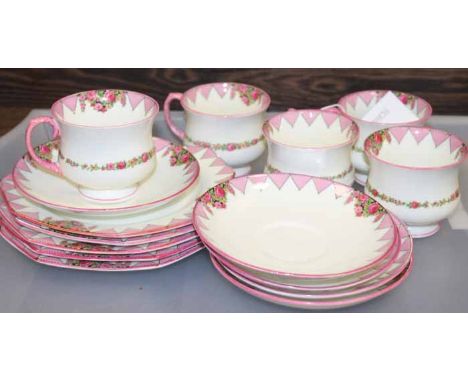 PARAGON PINK TEA SET
in chevron and floral pattern, five cups, saucers and side plates