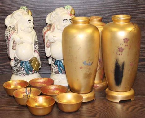 PAIR OF BUDDAH FIGURES 
together with three asian vases with stands and six cups