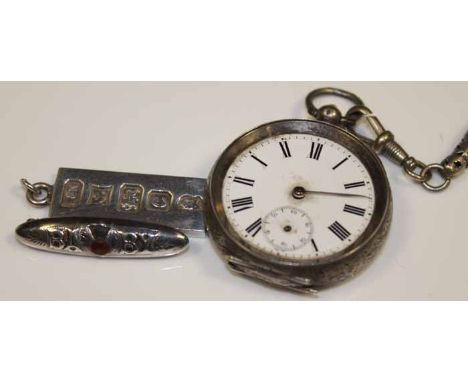 CONTINENTAL SILVER CASED POCKET WATCH
with engraved foliate designed case, marked, with an Albert link chain; together with a