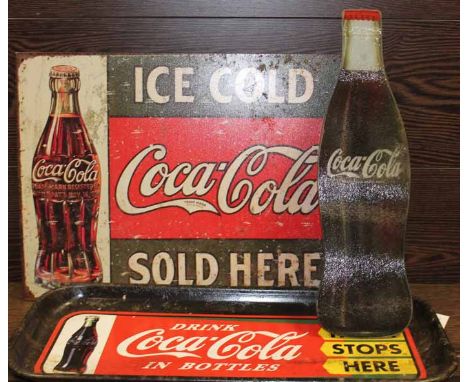 THREE VINTAGE COCA COLA ITEMS
including a sign, a tray and a glass tray, tray 48cm long

