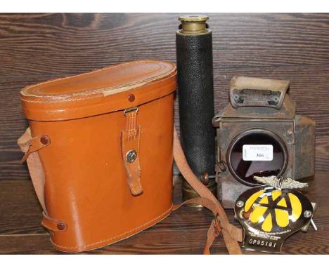 AA CAR BADGE, BINOCULARS IN CASE, TELESCOPE AND VINTAGE LAMP