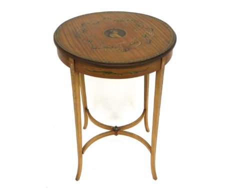 AN EDWARDIAN SATINWOOD AND PAINTED OCCASIONAL TABLE painted with a female portrait roundel, within floral garland, laurel lea