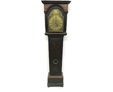 A GEORGIAN LAQUERED LONGCASE CLOCK the brass face inscribed Tho Gordon, Edinburgh, with dolphin, mask and foliate scroll span