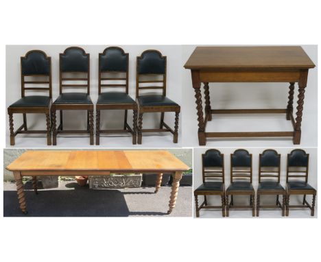 AN EARLY 20TH CENTURY OAK DINING ROOM SUITEcomprising; sideboard with panel back with convex mirrorover a base with three dra