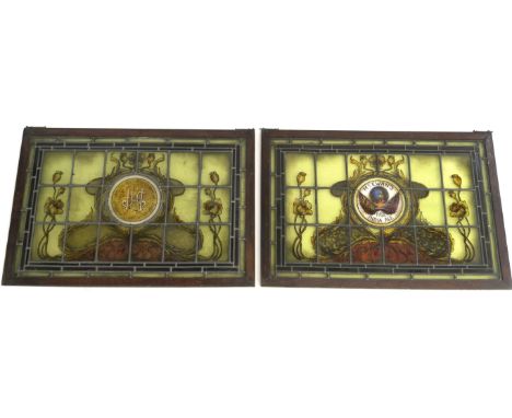 TWO PUB ADVERTISING STAINED AND LEADED GLASS WINDOWS for McEwans Indian Pale Ale, painted with The World flanked by British f