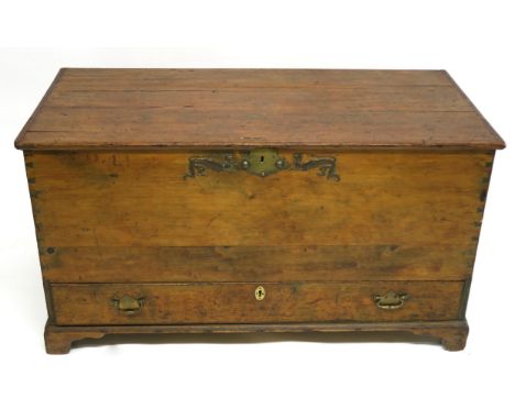 A 19TH CENTURY PINE BLANKET CHEST the hinged lid above a brass escutcheon, flanked by applied metal animals, above a long dra