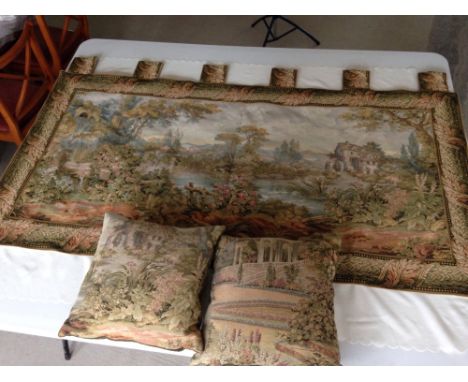 A large wall tapestry of a lake & mill scene, 100 x 190cm. With 2 matching cushion.