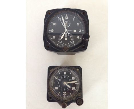 2 Camerer Cuss aircraft cockpit clocks - one time of flight clock with War Dept arrow & one elapsed time clock - both in work