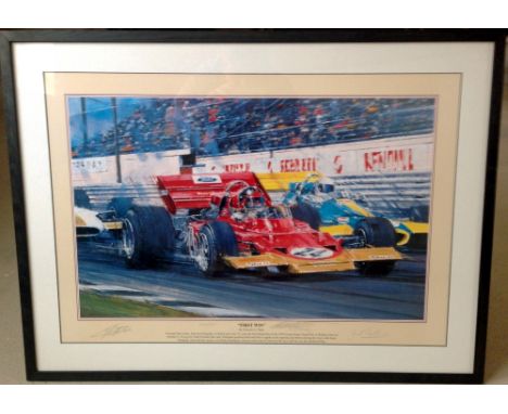 A framed & glazed Limited Edition 1970s motor racing print signed by Emerson Fittipaldi & Jack Brabham 'First Win' depicting 