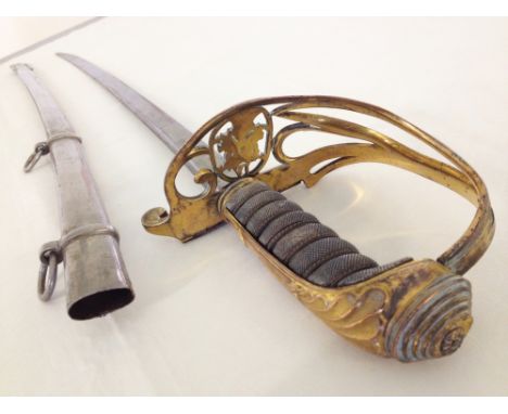 An 1822 pattern William IV British Infantry Officer's sword with brass gothic hilt with fold-down guard, slightly curved blad