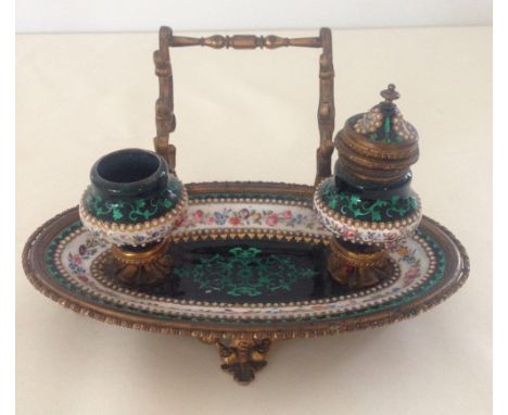 Ornate ceramic & gilt metal inkstand.