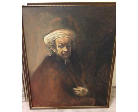 A framed oil on board portrait of Rembrandt, unsigned. 79 x 64cm.