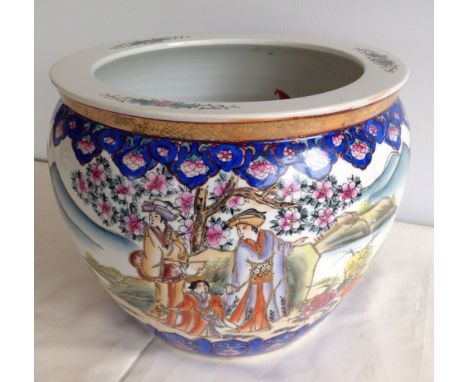 A Chinese ceramic fish bowl with hand painted decoration, 26cm tall & 31cm diameter.