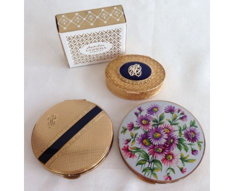 3 ladies vintage powder compacts: 1) Stratton floral pattern, 2) Kigu gold/black stripe and 3) Jacqueline Cochran L'Opera com