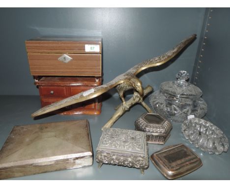 A selection of trinket and jewellery boxes including brass cast eagle 