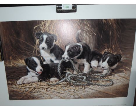 A full colour print of Sheep dog puppies in farm barn after Michael Jackson titled playtime signed and limited run