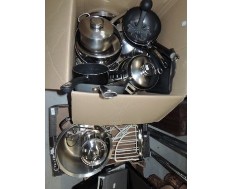 Two boxes of kitchen utensils and cooking wares