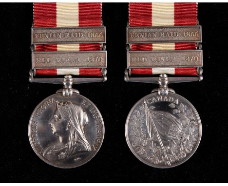 A Canada General Service Medal, awarded to Pte R McKelvey Que R, with Red River 1870 and Fenian Raid 1866 clasps,with copy do