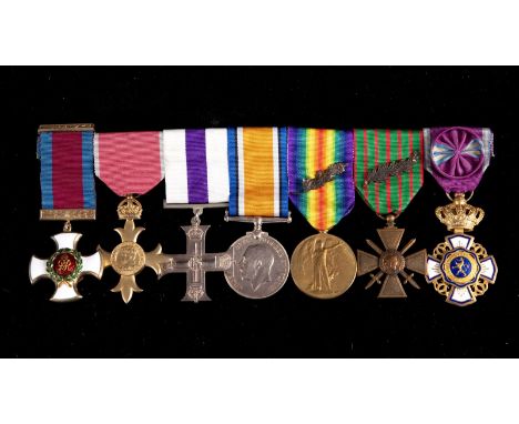A group of seven medals, awarded to Major R R Sharp, comprising a Distinguished Service Order (DSO), OBE, Military Cross (MC)
