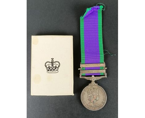 A General Service medal 1962-2007, awarded to 24155063 Gnr R W Gaskill RA, with Northern Ireland and Dhofar clasps, boxed,&nb